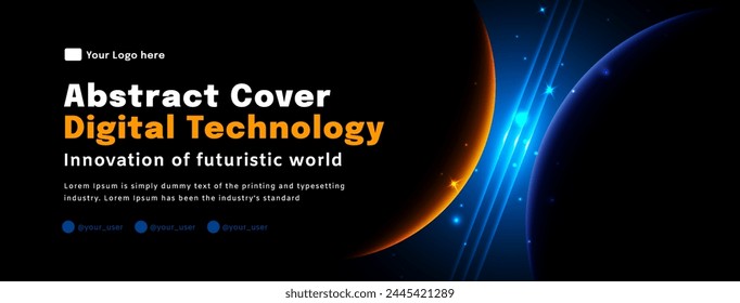 Digital technology poster cover, World map space blue background, cyber information, abstract communication, innovation future tech data, internet network connection, Ai big data, illustration vector