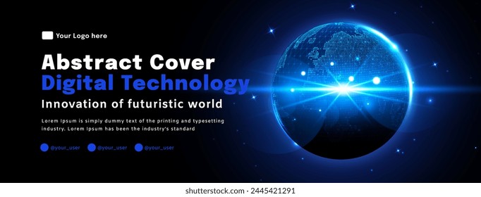 Digital technology poster cover, World map space blue background, cyber information, abstract communication, innovation future tech data, internet network connection, Ai big data, illustration vector