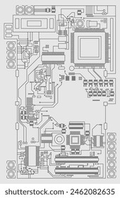 Diagramm einer gedruckten Schaltungsplatine mit Digitaltechnologie. Vektorillustration. Zeichnung für Kreativität.