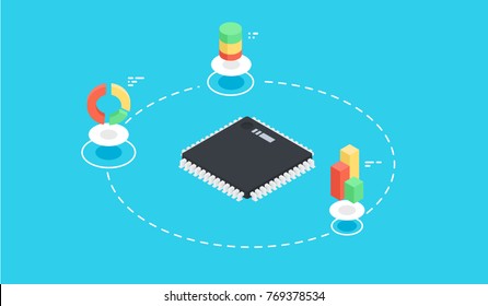 Digital technology processing of big data vector concept, computer processor chip with statistic diagram and graph flat illustration on blue bavkground 