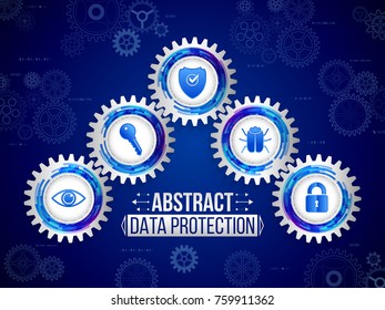 Digital technology protection concept. Global network security on the blue background. Abstract safety mechanism which is made of gears, icons eye, key, shield, hacker bug and padlock.