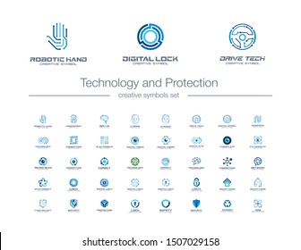 Digital technology and protection creative symbols set. Security lock abstract business logo concept. Camera eye, shield, smart robot hand icons. Corporate identity logotypes, company graphic design