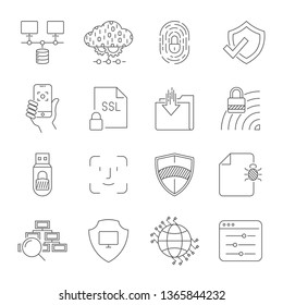 Digital Technology related vector line icons. Contains such icons as Cloud Hosting, Control Panel, Face Recognition, Traffic, Analysis Network, Digital Protection and more. Editable Stroke. EPS 10