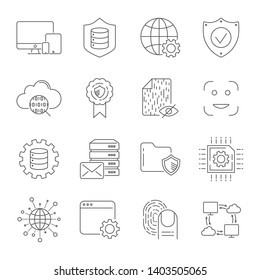 Digital Technology related vector line icons. Contains such icons as Hosting, Face Recognition, Analysis Network, Digital Protection and more. Editable Stroke. EPS 10