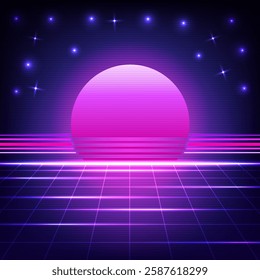 Digital technology retro background. Sci-Fi cyberpunk concept. Design for abstract, design, technology, wireframe, neon, light, grid, landscapes, retro, 80s, 90s.