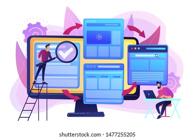Tecnologia digital. Otimização do mecanismo de pesquisa. Construtor do site. Desenvolvimento de microsite, página da web pequena, conceito de web design de microsite. Ilustração isolada de vetor violeta vibrante brilhante