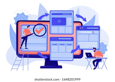 Digital technology. Search engine optimization. Website constructor. Microsite development, small web page, microsite web design concept. Pinkish coral bluevector isolated illustration