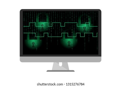 Digital technology security background with lock on monitor.