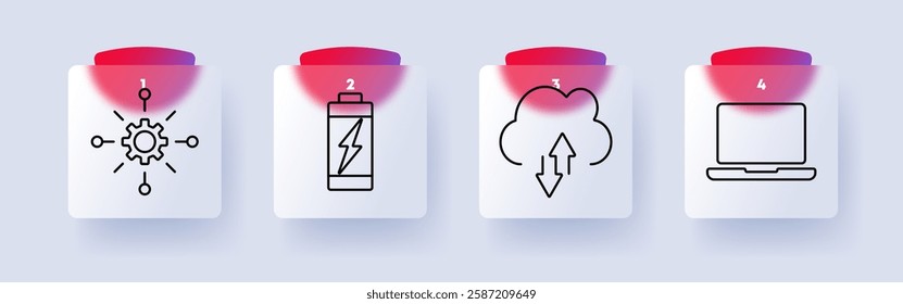 Digital technology set icon. Gear network, battery, cloud storage, laptop, connectivity, power, computing, software, cloud services, online work, automation, remote access, innovation.