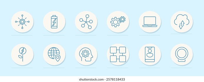 Digital technology set icon. Innovation, battery, networking, gears, laptop, cloud computing, eco energy, global positioning, AI, blockchain, smartphone, webcam