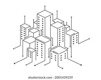 Digital technology smart city with connecting dots and lines. Building automation concept, smart cities.