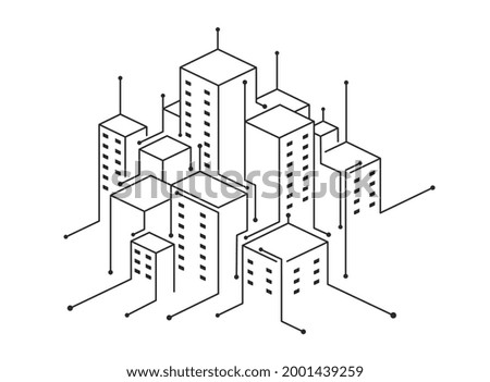 Digital technology smart city with connecting dots and lines. Building automation concept, smart cities.