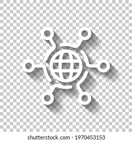 Digital technology, social network, global connect, simple business logo. White linear icon with editable stroke and shadow on transparent background