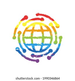 Digital technology, social network, global connect, simple business logo. Drawing sign with LGBT style, seven colors of rainbow (red, orange, yellow, green, blue, indigo, violet