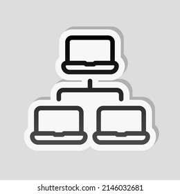 Digital technology, social network, global connect, simple business logo. Linear sticker, white border and simple shadow on gray background