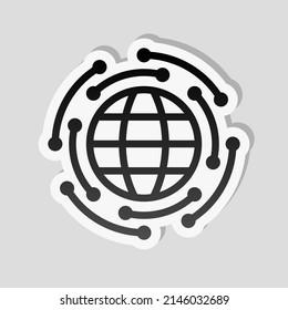 Digital technology, social network, global connect, simple business logo. Linear sticker, white border and simple shadow on gray background