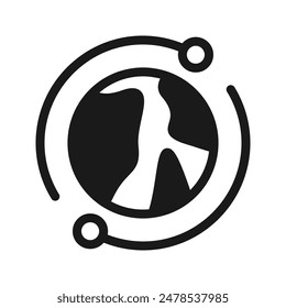 Digitale Technologie, soziales Netzwerk, globale Vernetzung, einfaches Unternehmenslogo. Schwarzes Symbol auf leerem Hintergrund