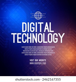 Digital technology social post banner sale template orange blue background, abstract cyber information communication, innovation future tech data, internet network connection, Ai big data illustration