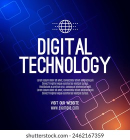 Digital technology social post banner sale template orange blue background, abstract cyber information communication, innovation future tech data, internet network connection, Ai big data illustration