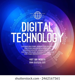 Tecnología digital social post venta de Anuncio Plantilla de fondo azul anaranjado, comunicación abstracta de la información cibernética, innovación de datos tecnológicos futuros, conexión de red de Internet, Ilustración de Big Data de Ai