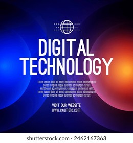 Digital technology social post banner sale template orange blue background, abstract cyber information communication, innovation future tech data, internet network connection, Ai big data illustration