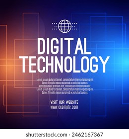 Digital technology social post banner sale template orange blue background, abstract cyber information communication, innovation future tech data, internet network connection, Ai big data illustration