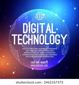 Digital technology social post banner sale template orange blue background, abstract cyber information communication, innovation future tech data, internet network connection, Ai big data illustration