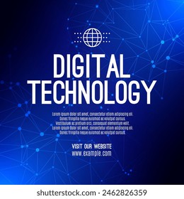 Digital technology social post banner sale template blue background, abstract cyber information communication, innovation future tech data, internet network connection, Ai big data illustration vector