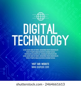 Digital technology social post banner sale template green blue background, abstract cyber information communication, innovation future tech data, internet network connection, Ai big data illustration