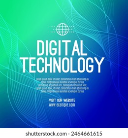 Digital technology social post banner sale template green blue background, abstract cyber information communication, innovation future tech data, internet network connection, Ai big data illustration