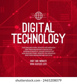 Tecnología digital social post Anuncio venta Plantilla fondo rojo, comunicación abstracta de la información cibernética, innovación datos tecnológicos futuros, conexión de red de Internet, Ai big data ilustración Vector