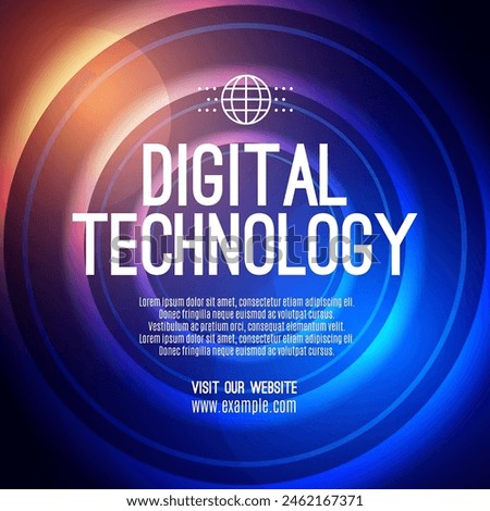 Digital technology social post banner sale template orange blue background, abstract cyber information communication, innovation future tech data, internet network connection, Ai big data illustration