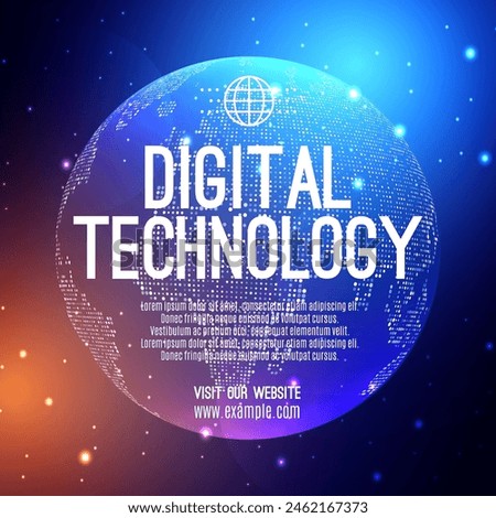 Digital technology social post banner sale template orange blue background, abstract cyber information communication, innovation future tech data, internet network connection, Ai big data illustration