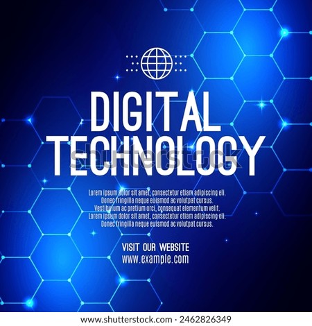 Digital technology social post banner sale template blue background, abstract cyber information communication, innovation future tech data, internet network connection, Ai big data illustration vector