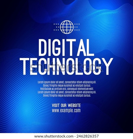 Digital technology social post banner sale template blue background, abstract cyber information communication, innovation future tech data, internet network connection, Ai big data illustration vector