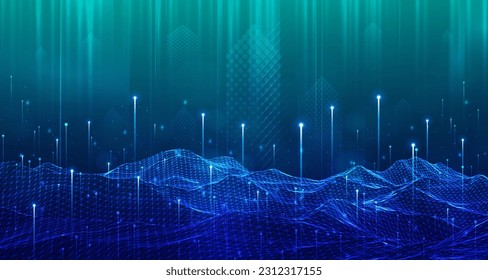 Velocidad de la tecnología digital conectar fondo verde azul, información de nano cibernético, comunicación abstracta, innovación datos tecnológicos futuros, conexión de red de internet, Ai big data, ilustración de punto de línea 3d