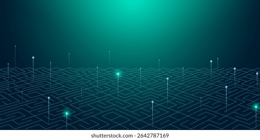 La velocidad de la tecnología digital conecta el fondo verde azul, información nano cibernética, comunicación abstracta, innovación, datos tecnológicos futuros, conexión de red de Internet, datos grandes de IA, ilustración de puntos de línea 3d