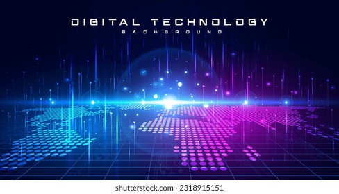 Digital technology speed internet network connection blue purple background, cyber information, abstract map connect communication, innovation metaverse futuristic tech, Ai big data, illustration 3d