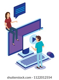 digital technology with teamwork people isometric