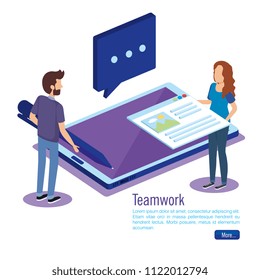 digital technology with teamwork people isometric