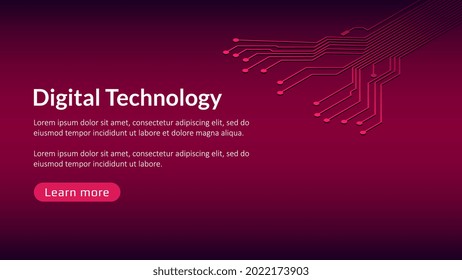 Digital technology template with copy space and button for websites, news or articles. PCB circuit board design element for banner on red background.
