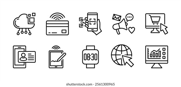 Digital technology thin line icon vector set. Contains cloud computing, near field communication, scan barcode, social media, online shop, data analytic, network, smartwatch, personal data information