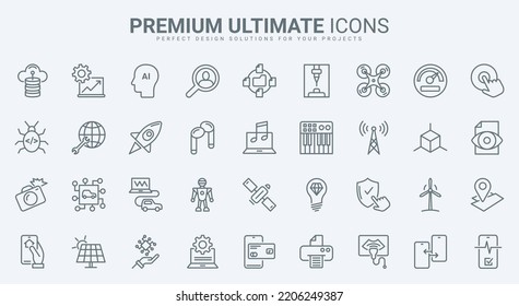 Digital Technology Thin Line Icons Set Vector Illustration. Outline AI Machine Learning, Smart Home And Data Communication, Internet Network Symbols, Robot Support Service And Eco Tech Startup