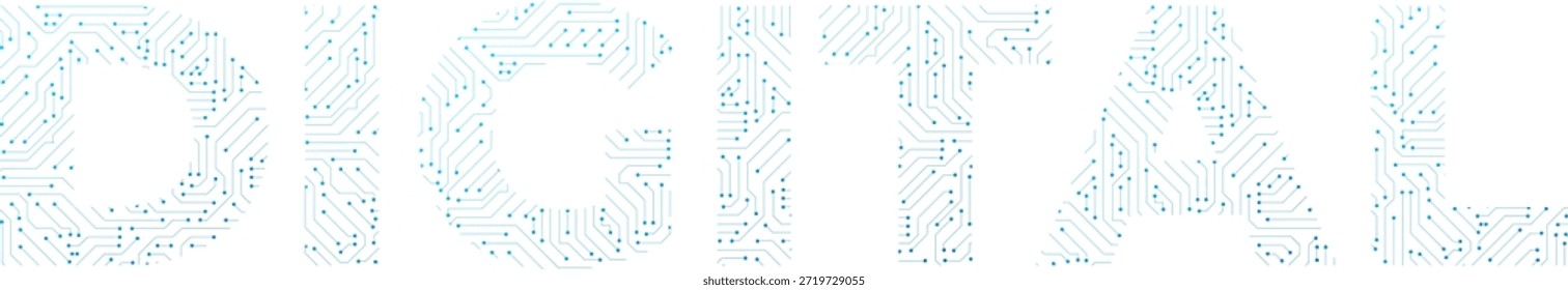 Digital Technology Typography with Electronic Circuit Lines. Central Computer Processors, CPU, Motherboard, and Digital Chip Concept