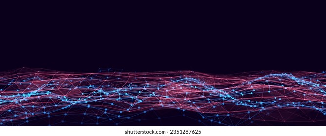 Digital technology wave. Dark cyberspace with colors motion dots and lines. Futuristic vector digital background. Big data analytics.