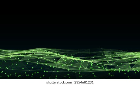 Digital technology wave. Dark cyberspace with green motion dots and lines. Futuristic vector digital background. Big data analytics.