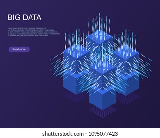 Digital Technology Web Banner. Big data Machine Learning Algorithms. Abstract banner analysis of Information. Isometric view. Science darck blue Background.