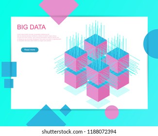 Digital Technology Web Banner. Big data Machine Learning Algorithms. Abstract banner analysis of Information. Isometric view. Bright blue Background. Pink aquare.