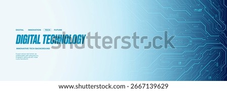 Digital technology web banner with circuit board and electronics components on a white background. AI chip or semiconductor, and thin lines as circuit board wires. Tech bg. Vector illustration