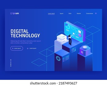 Digital technology website landing page template. Monitoring and testing of the digital process. Digital business analysis. Conceptual isometric vector illustration.